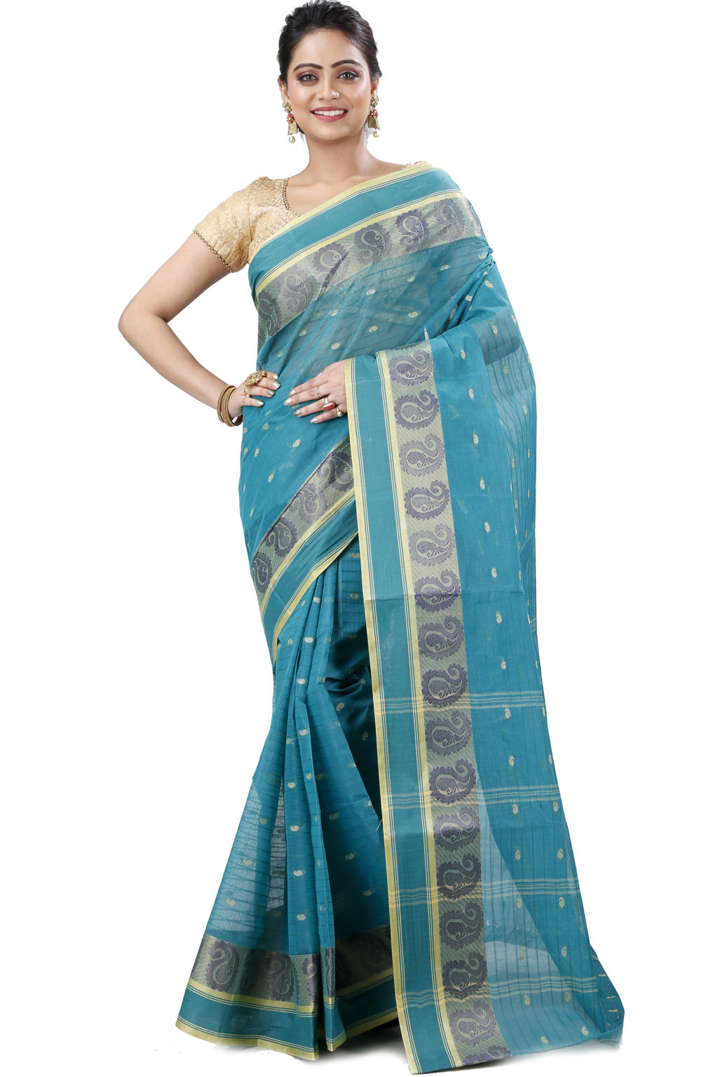 Dark Green Pure Cotton Kolka_Guti Tant Saree (5134)